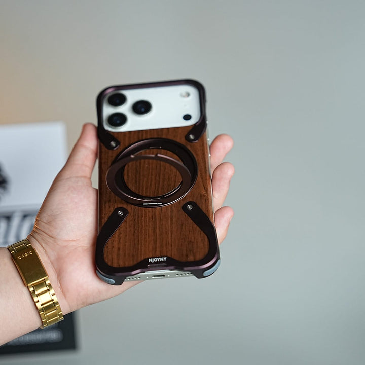 FRATO iPhone 18 Series iPhone 18 Series Frameless Wooden Aluminium Case | Premium Metal Rotating Stand | Shockproof Luxury Wood Back Cover