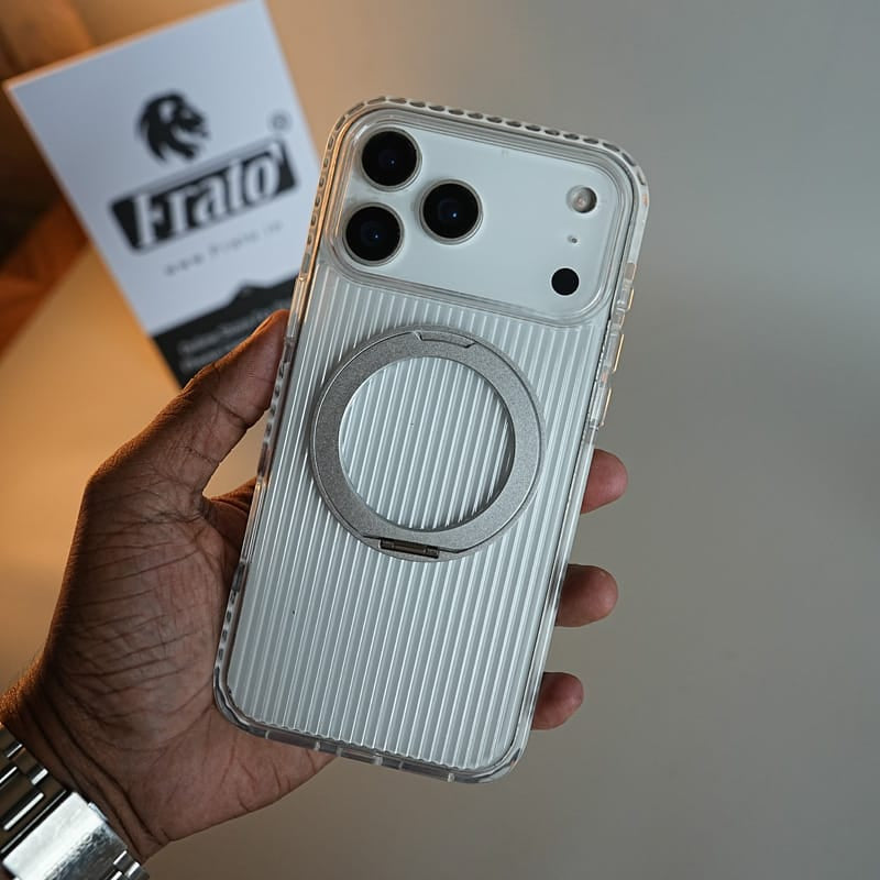 FRATO iPhone 18 Series Ribbed Clear Case for iPhone 18 Series with Rotating Metal Stand | Protective Cover
