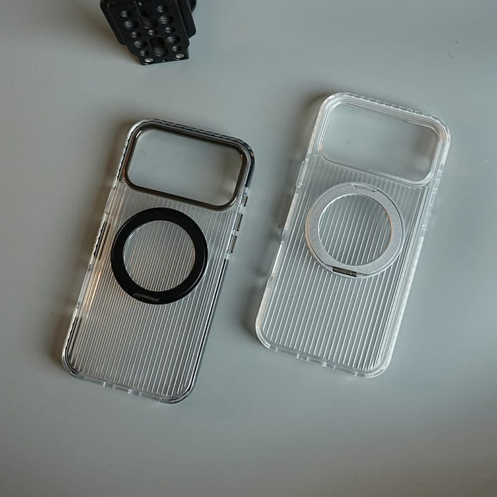 FRATO iPhone 18 Series Ribbed Clear Case for iPhone 18 Series with Rotating Metal Stand | Protective Cover