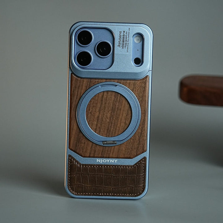 FRATO iPhone 18 Series Sierra blue Wood Leather AeroFLex Aluminium Case for iPhone 18 Pro Max With Rotating Stand