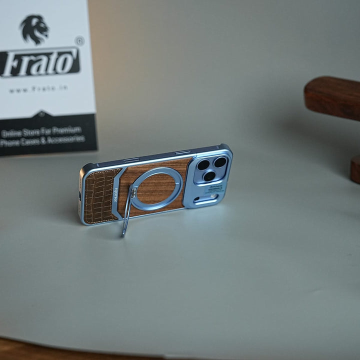 FRATO iPhone 18 Series Wood Leather AeroFLex Aluminium Case for iPhone 18 Pro Max With Rotating Stand
