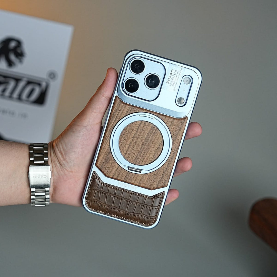 FRATO iPhone 18 Series Wood Leather AeroFLex Aluminium Case for iPhone 18 Pro Max With Rotating Stand