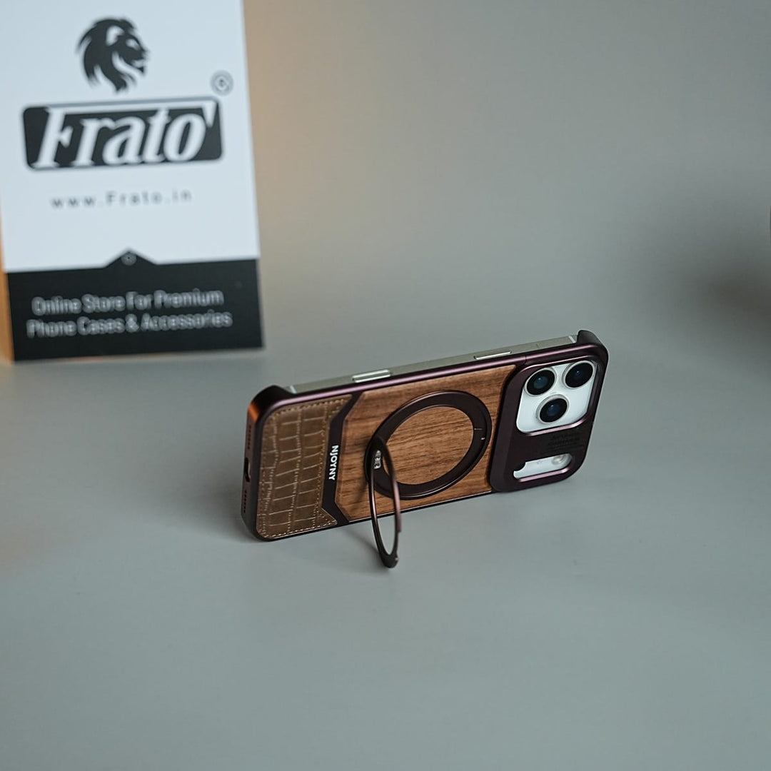 FRATO iPhone 18 Series Wood Leather AeroFLex Aluminium Case for iPhone 18 Pro Max With Rotating Stand