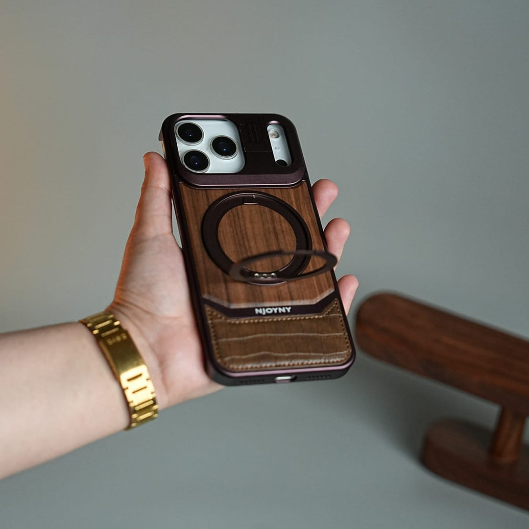 FRATO iPhone 18 Series Wood Leather AeroFLex Aluminium Case for iPhone 18 Pro Max With Rotating Stand