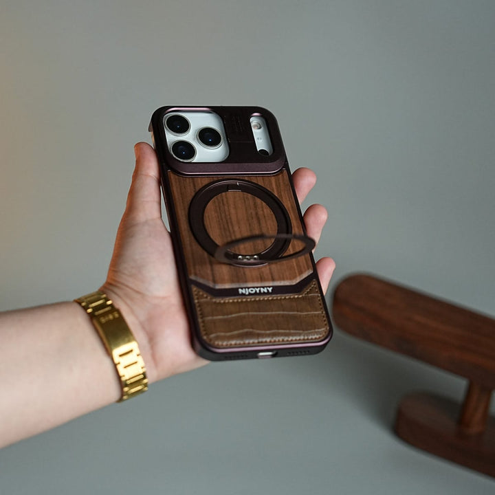 FRATO iPhone 18 Series Wood Leather AeroFLex Aluminium Case for iPhone 18 Pro Max With Rotating Stand