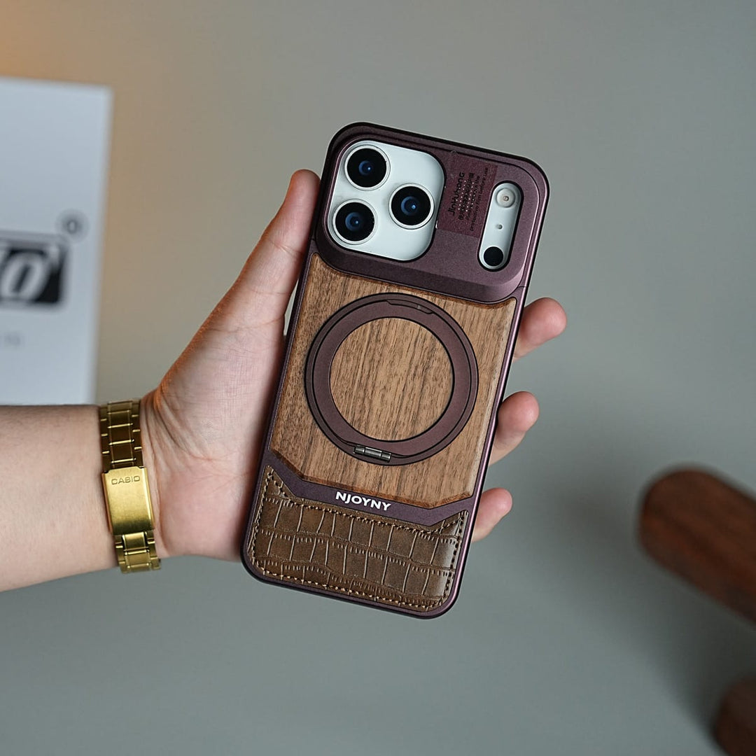FRATO iPhone 18 Series Wood Leather AeroFLex Aluminium Case for iPhone 18 Pro Max With Rotating Stand