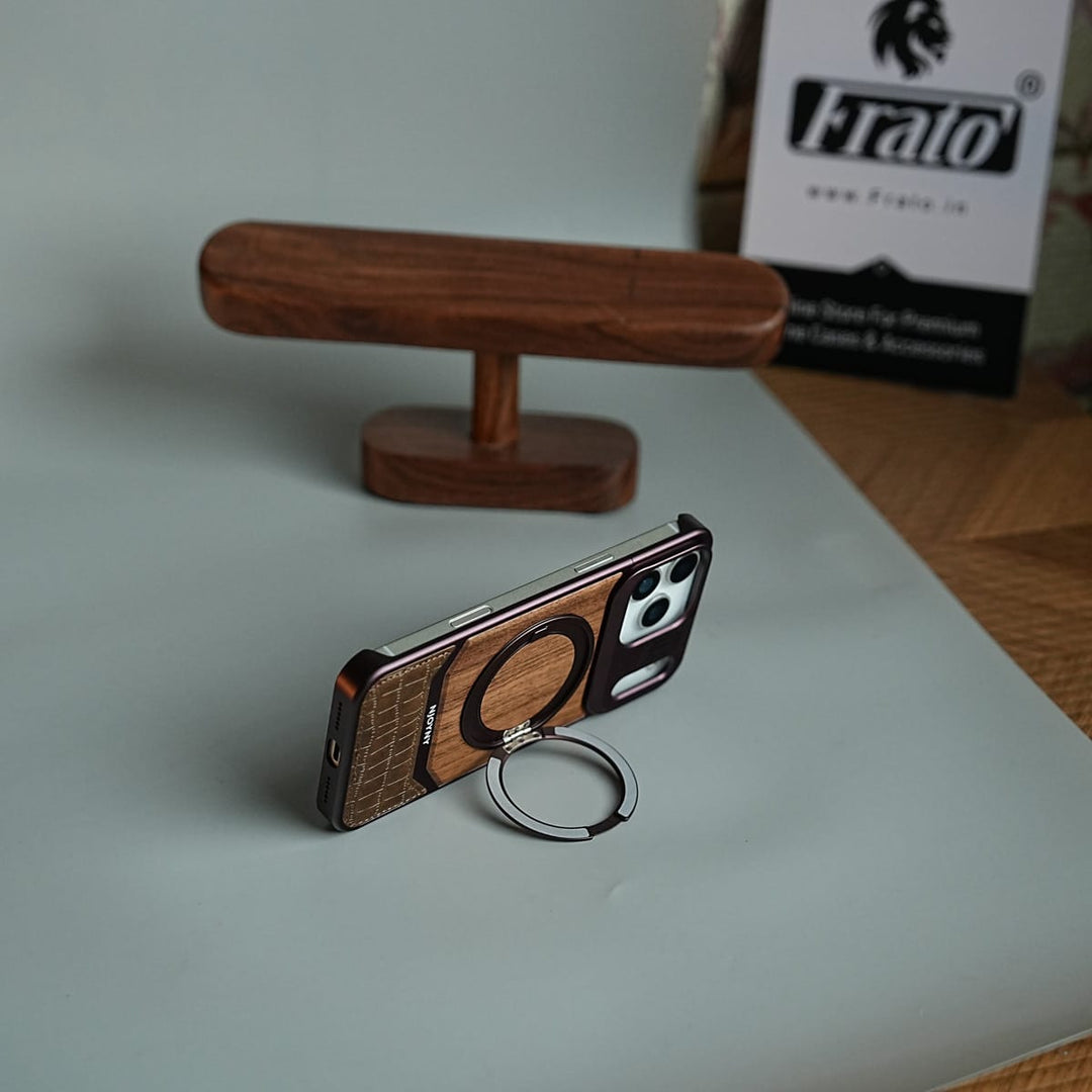 FRATO iPhone 18 Series Wood Leather AeroFLex Aluminium Case for iPhone 18 Pro Max With Rotating Stand