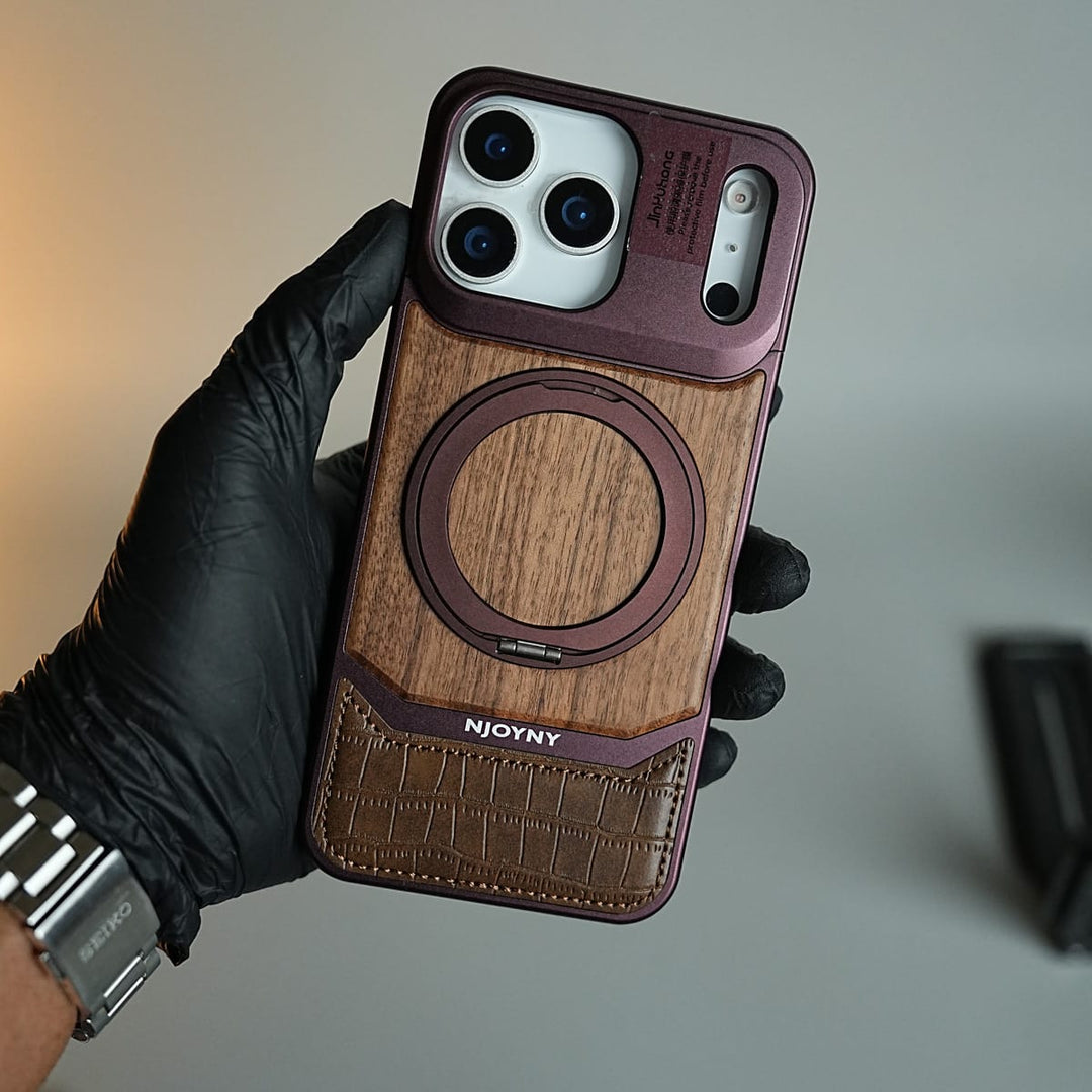 FRATO iPhone 18 Series Wood Leather AeroFLex Aluminium Case for iPhone 18 Pro Max With Rotating Stand