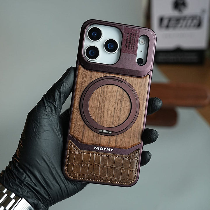 FRATO iPhone 18 Series Wood Leather AeroFLex Aluminium Case for iPhone 18 Pro Max With Rotating Stand