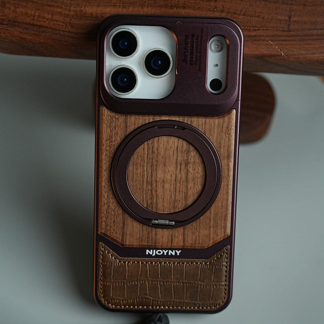 FRATO iPhone 18 Series Wood Leather AeroFLex Aluminium Case for iPhone 18 Pro Max With Rotating Stand