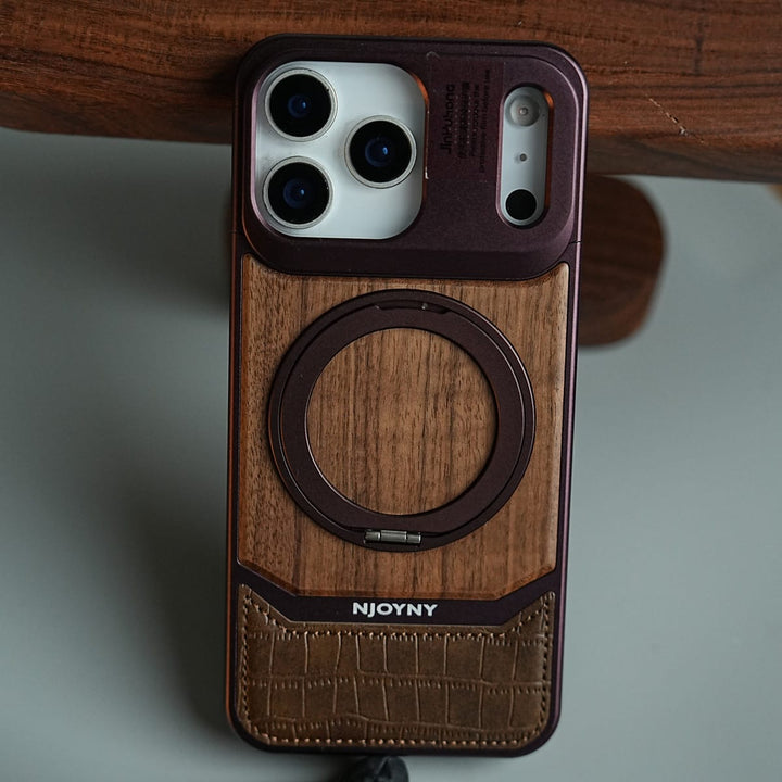 FRATO iPhone 18 Series Wood Leather AeroFLex Aluminium Case for iPhone 18 Pro Max With Rotating Stand