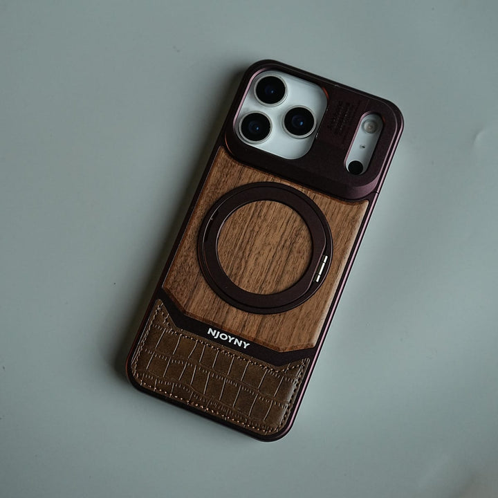 FRATO iPhone 18 Series Wood Leather AeroFLex Aluminium Case for iPhone 18 Pro Max With Rotating Stand