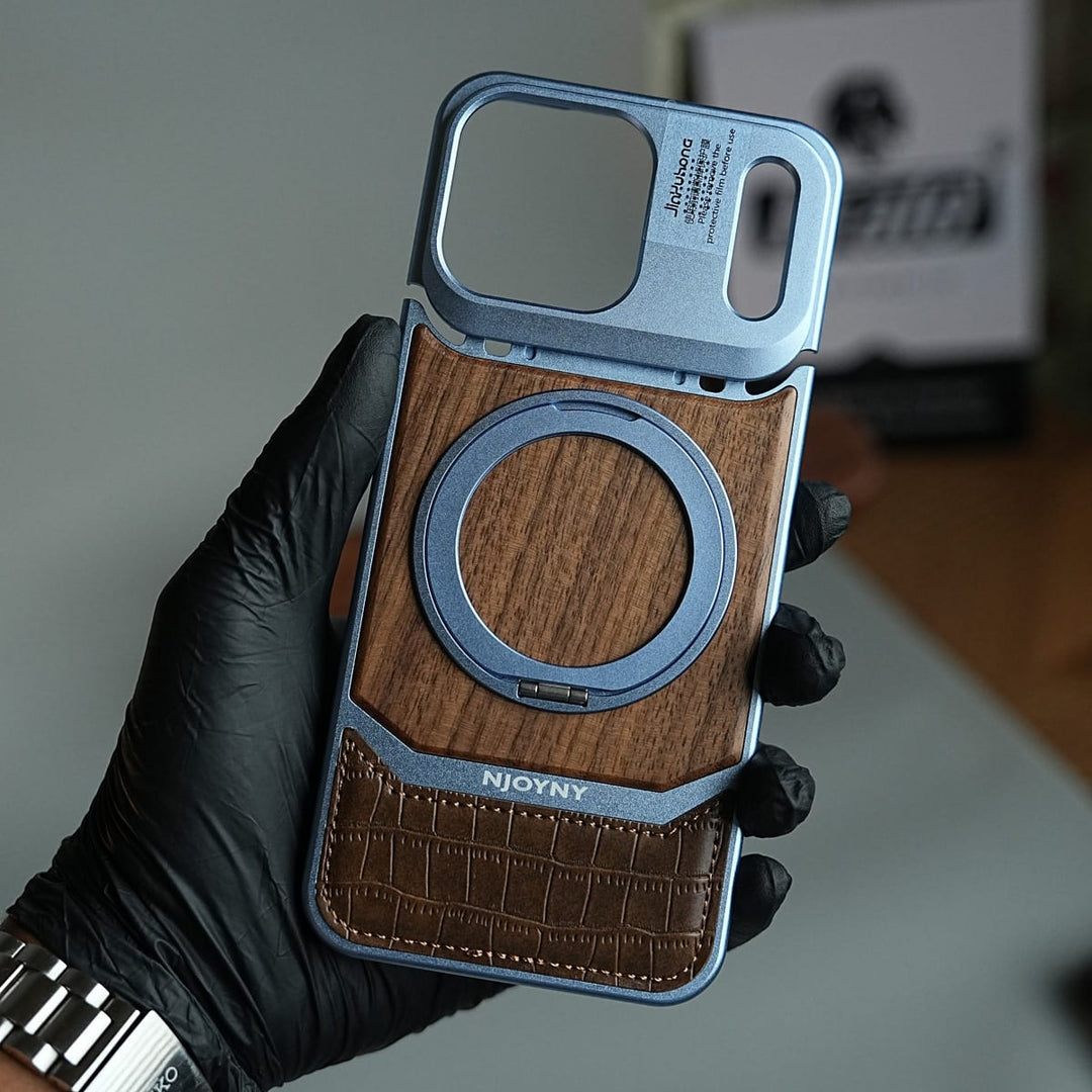 FRATO iPhone 18 Series Wood Leather AeroFLex Aluminium Case for iPhone 18 Pro Max With Rotating Stand