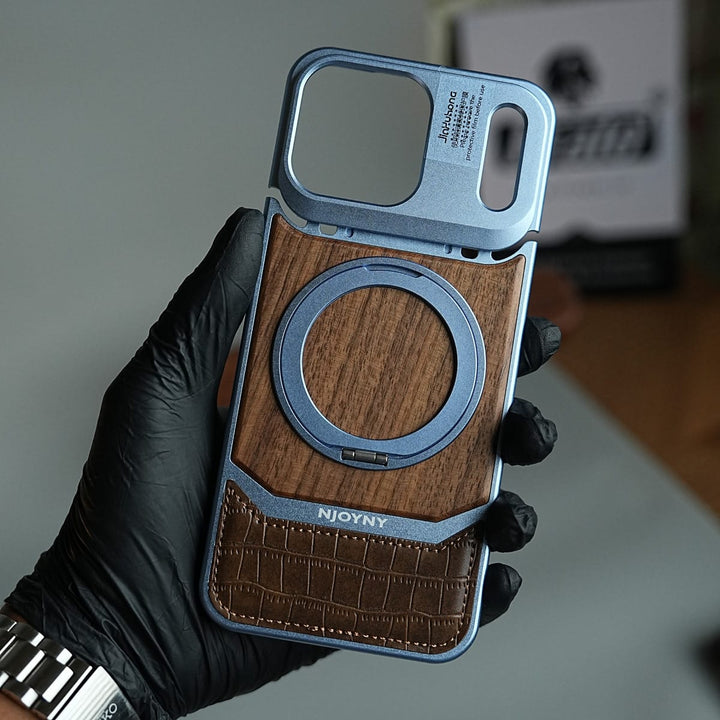 FRATO iPhone 18 Series Wood Leather AeroFLex Aluminium Case for iPhone 18 Pro Max With Rotating Stand