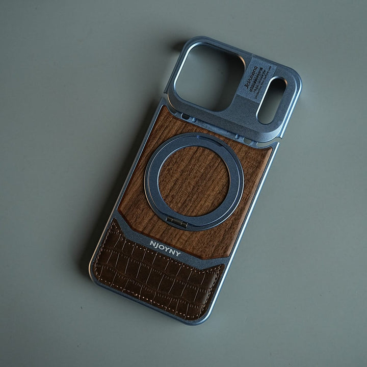FRATO iPhone 18 Series Wood Leather AeroFLex Aluminium Case for iPhone 18 Pro Max With Rotating Stand