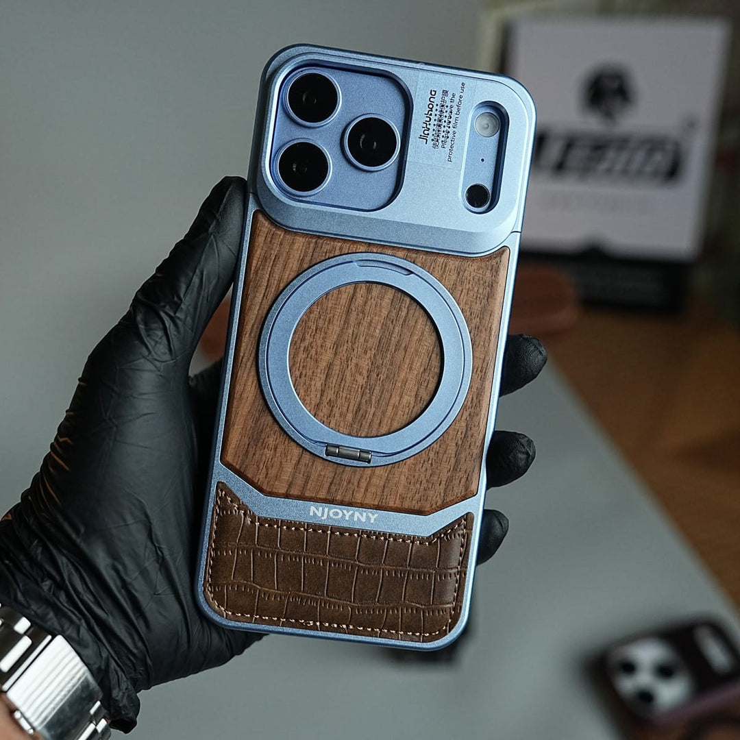 FRATO iPhone 18 Series Wood Leather AeroFLex Aluminium Case for iPhone 18 Pro Max With Rotating Stand