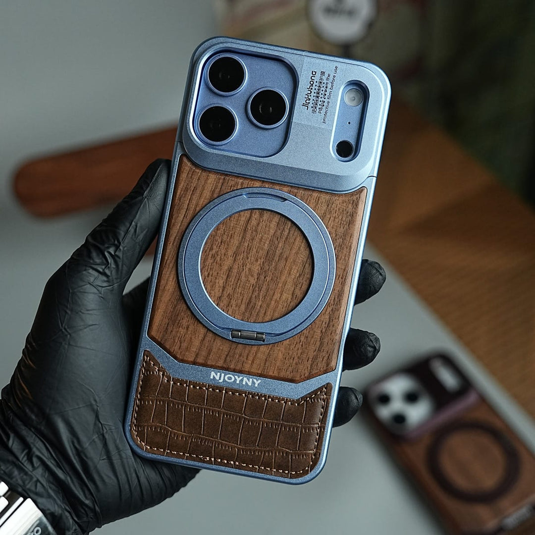 FRATO iPhone 18 Series Wood Leather AeroFLex Aluminium Case for iPhone 18 Pro Max With Rotating Stand