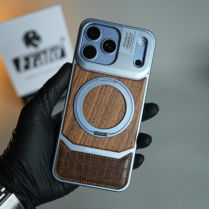 FRATO iPhone 18 Series Wood Leather AeroFLex Aluminium Case for iPhone 18 Pro Max With Rotating Stand