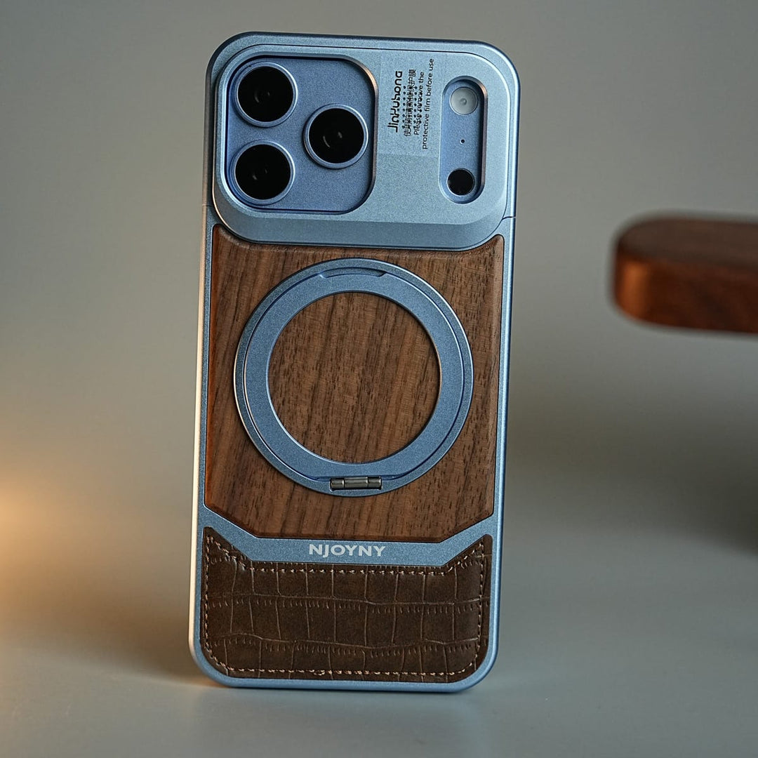 FRATO iPhone 18 Series Wood Leather AeroFLex Aluminium Case for iPhone 18 Pro Max With Rotating Stand