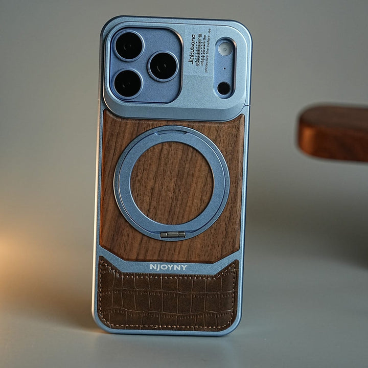 FRATO iPhone 18 Series Wood Leather AeroFLex Aluminium Case for iPhone 18 Pro Max With Rotating Stand