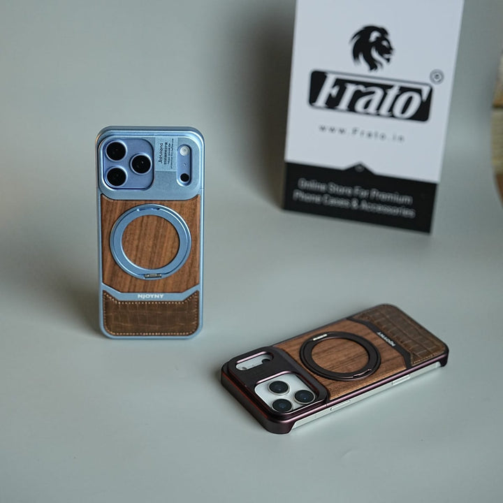 FRATO iPhone 18 Series Wood Leather AeroFLex Aluminium Case for iPhone 18 Pro Max With Rotating Stand