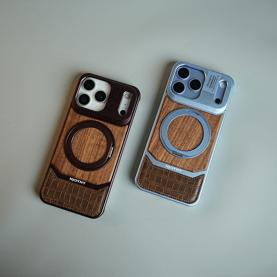 FRATO iPhone 18 Series Wood Leather AeroFLex Aluminium Case for iPhone 18 Pro Max With Rotating Stand