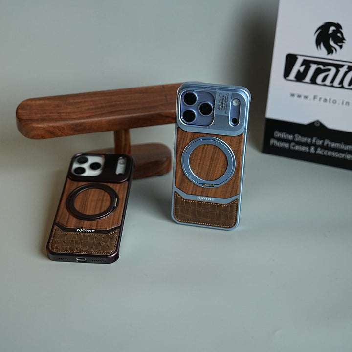 FRATO iPhone 18 Series Wood Leather AeroFLex Aluminium Case for iPhone 18 Pro Max With Rotating Stand