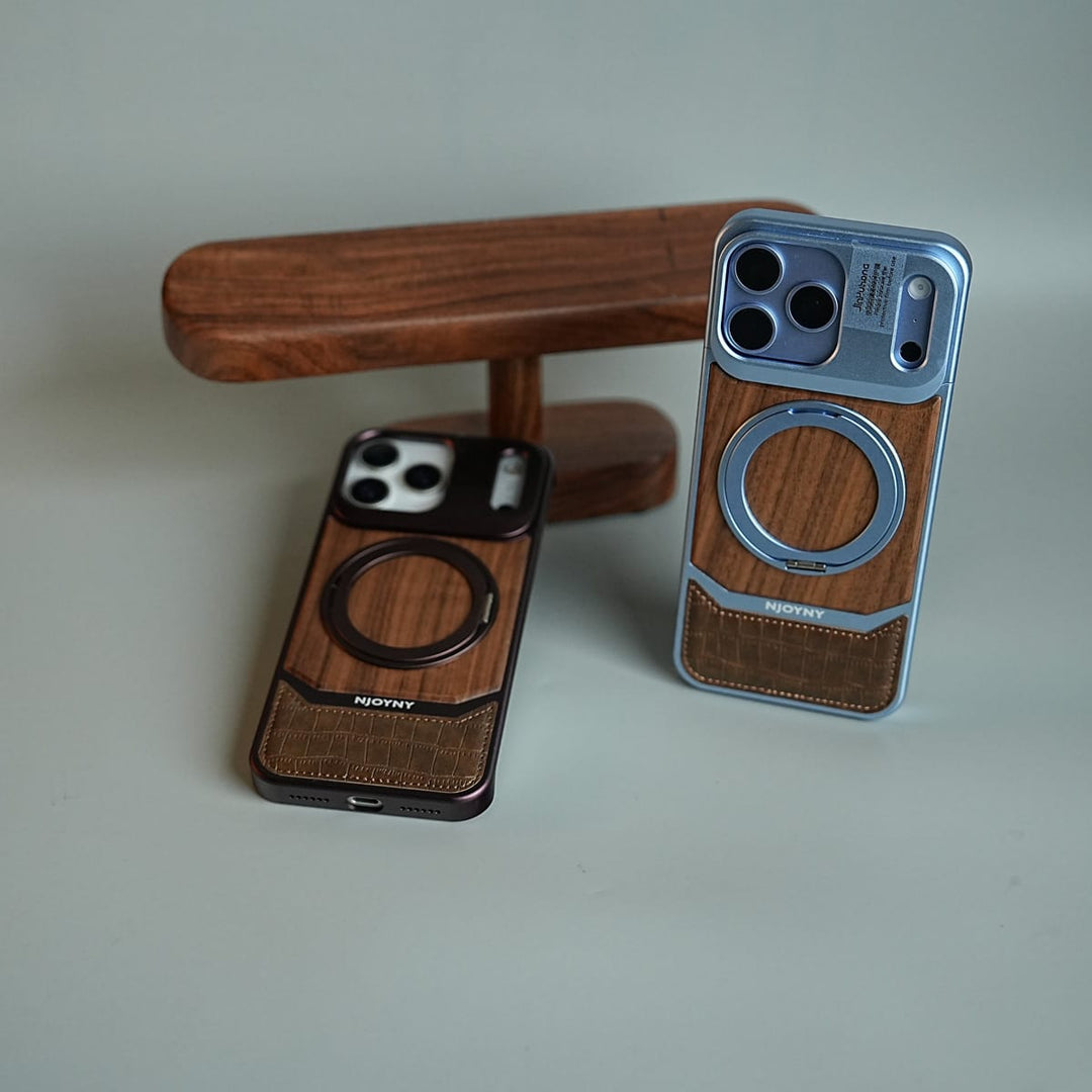 FRATO iPhone 18 Series Wood Leather AeroFLex Aluminium Case for iPhone 18 Pro Max With Rotating Stand