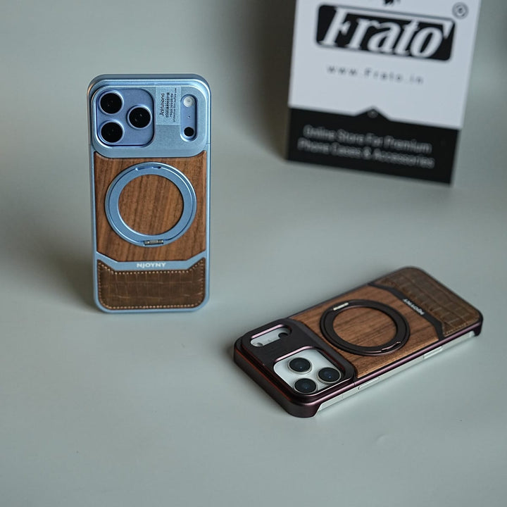 FRATO iPhone 18 Series Wood Leather AeroFLex Aluminium Case for iPhone 18 Pro Max With Rotating Stand