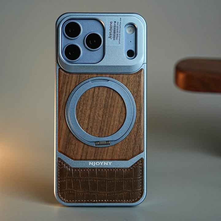 FRATO iPhone 18 Series Wood Leather AeroFLex Aluminium Case for iPhone 18 Pro Max With Rotating Stand