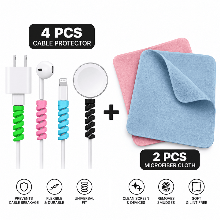 FRATO iPhone Accessories Cable Protector &amp; Microfiber Cleaning Cloth Combo | 6-Piece Accessory Kit
