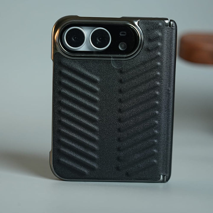 FRATO iPhone Fold Black Chevron Ribbed Leather-Texture Case for iPhone Duo with Camera Glass &amp; Hinge Protection