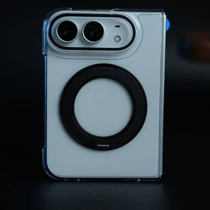 FRATO iPhone Fold Black Crystal Clear Case for iPhone Duo | 360° Rotating Metal Stand | Front Glass | Metal Camera Ring