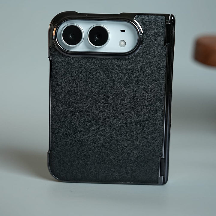 FRATO iPhone Fold Black Leather Texture Case for iPhone Duo with Chrome Side | MagSafe Compatible | Hinge Protection