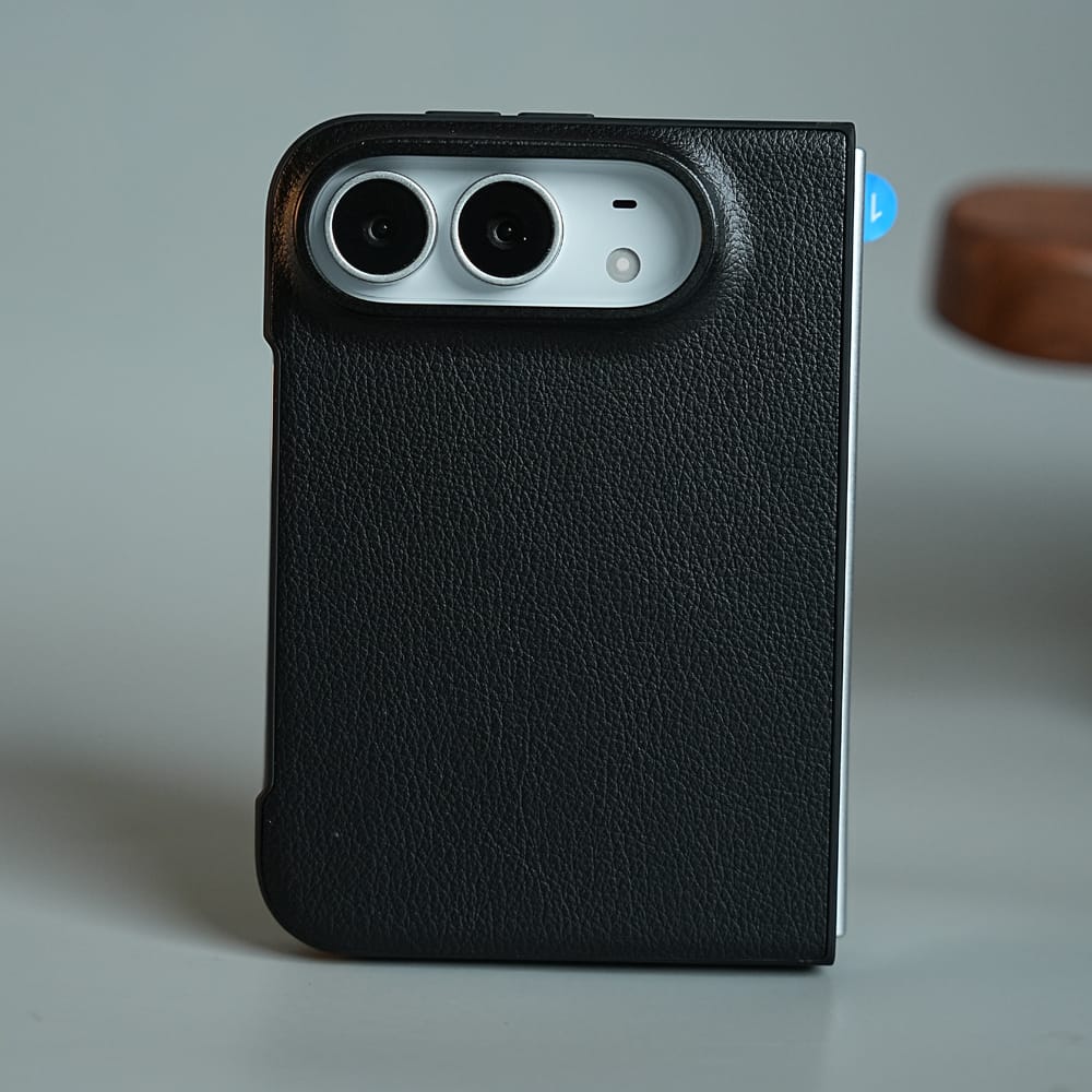 FRATO iPhone Fold Black LuxeGrain Textured Leather Case for iPhone Duo with Front Glass Protection