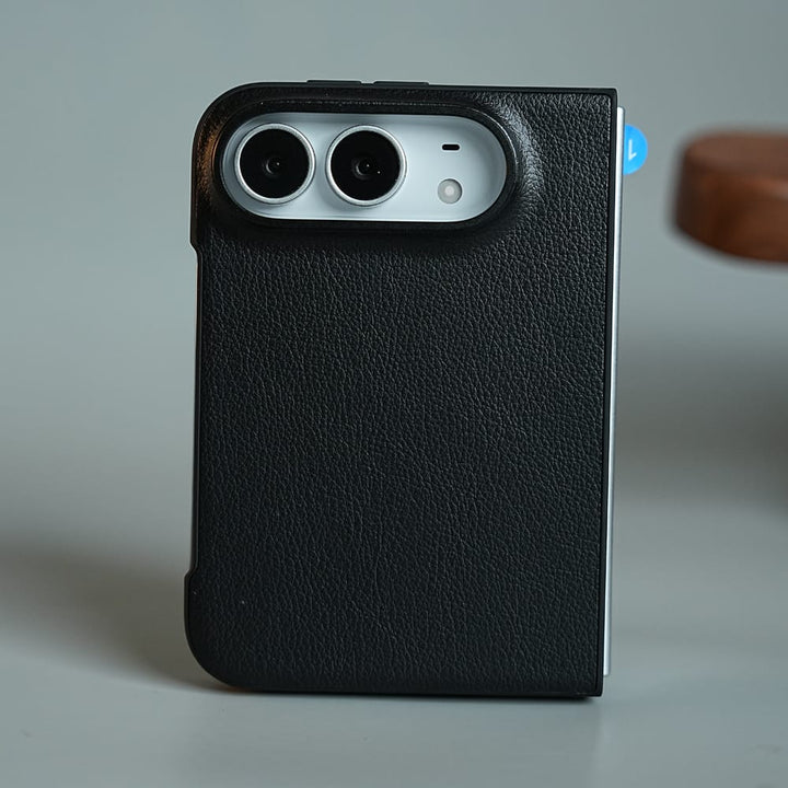 FRATO iPhone Fold Black LuxeGrain Textured Leather Case for iPhone Duo with Front Glass Protection