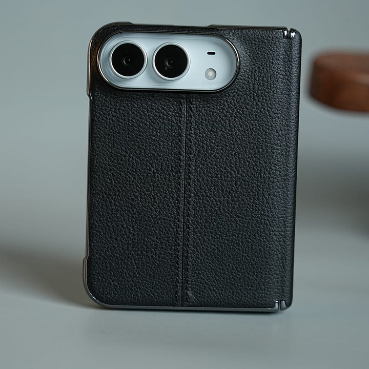 FRATO iPhone Fold Black Middle Stitched Leather Texture Case for iPhone Duo with Front Glass &amp; Hinge Protection