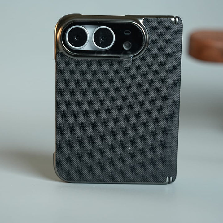 FRATO iPhone Fold Black Premium Micro-Grid Textured Case for iPhone Duo with Chrome Finish, Camera Glass &amp; Hinge Protection