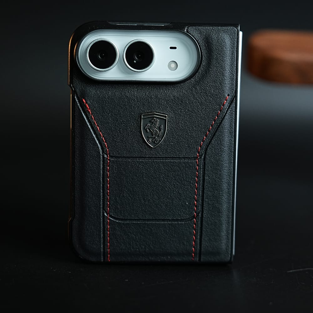 FRATO iPhone Fold Black Racing-Inspired Leather-Texture Case for iPhone Duo | Sporty Stitching &amp; Shield Emblem Design
