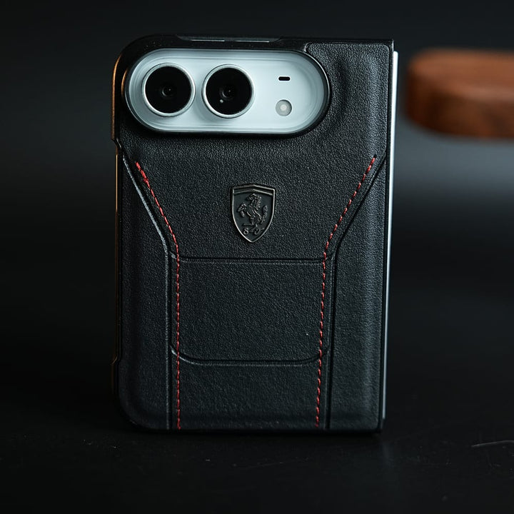FRATO iPhone Fold Black Racing-Inspired Leather-Texture Case for iPhone Duo | Sporty Stitching &amp; Shield Emblem Design
