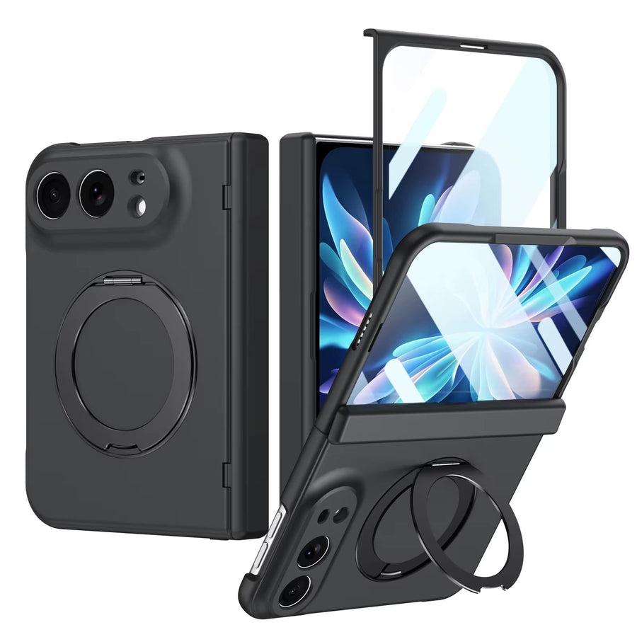 FRATO iPhone Fold Black Rotating Ring Stand Case for iPhone Duo | Full Hinge Protection & Built-In Front Glass