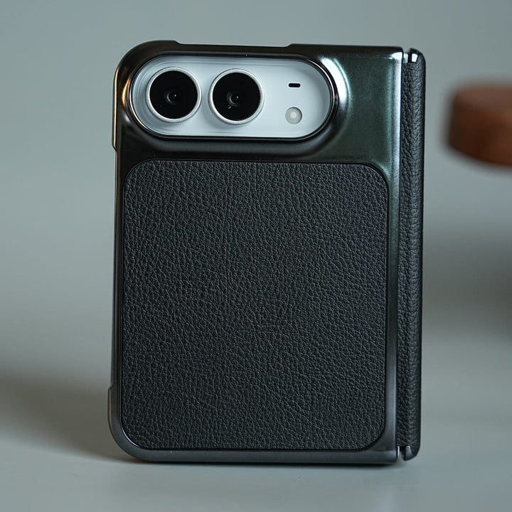 FRATO iPhone Fold Black Textured Leather Case for iPhone Duo with Front Glass, Matte Chrome Finish &amp; Hinge Protection