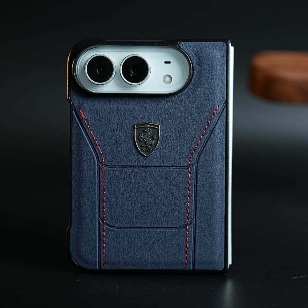 FRATO iPhone Fold Blue Racing-Inspired Leather-Texture Case for iPhone Duo | Sporty Stitching &amp; Shield Emblem Design