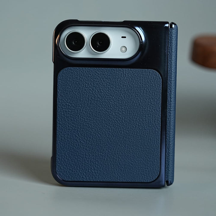 FRATO iPhone Fold Blue Textured Leather Case for iPhone Duo with Front Glass, Matte Chrome Finish &amp; Hinge Protection