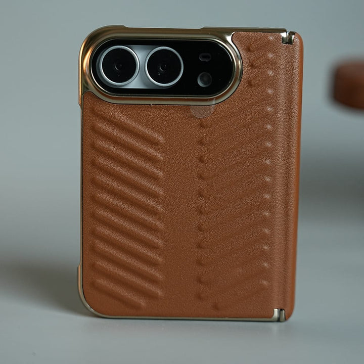 FRATO iPhone Fold Brown Chevron Ribbed Leather-Texture Case for iPhone Duo with Camera Glass &amp; Hinge Protection