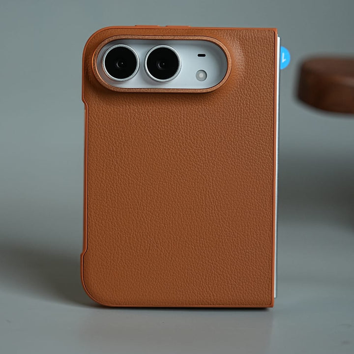 FRATO iPhone Fold Brown LuxeGrain Textured Leather Case for iPhone Duo with Front Glass Protection