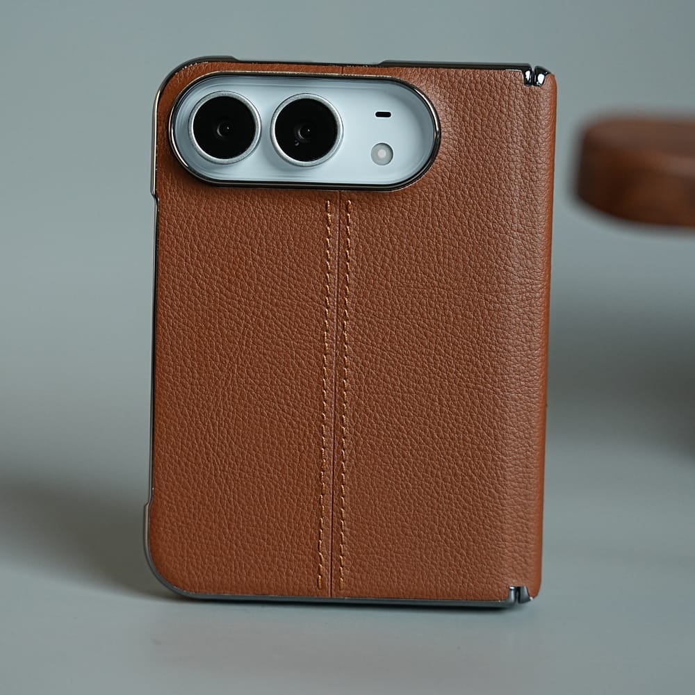 FRATO iPhone Fold Brown Middle Stitched Leather Texture Case for iPhone Duo with Front Glass &amp; Hinge Protection