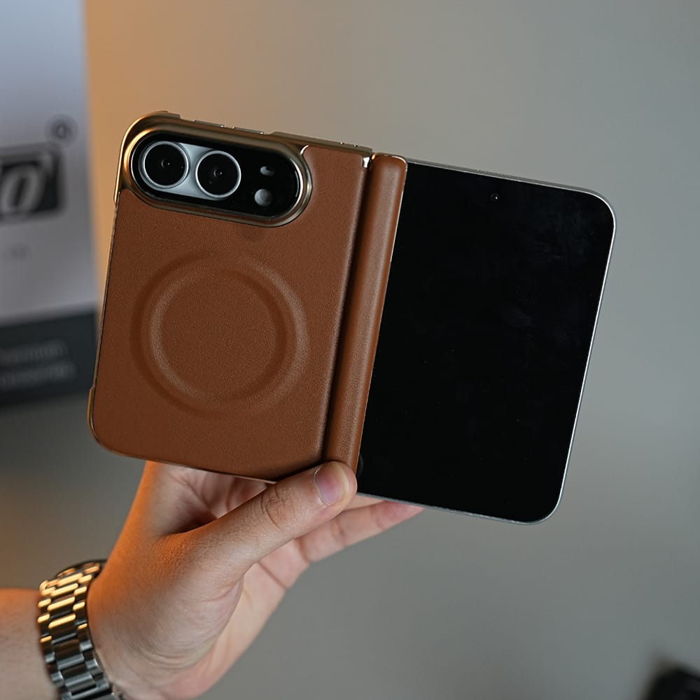 FRATO iPhone Fold Brown Premium Leather Texture MagSafe Case for iPhone Duo with Camera Glass &amp; Hinge Protection