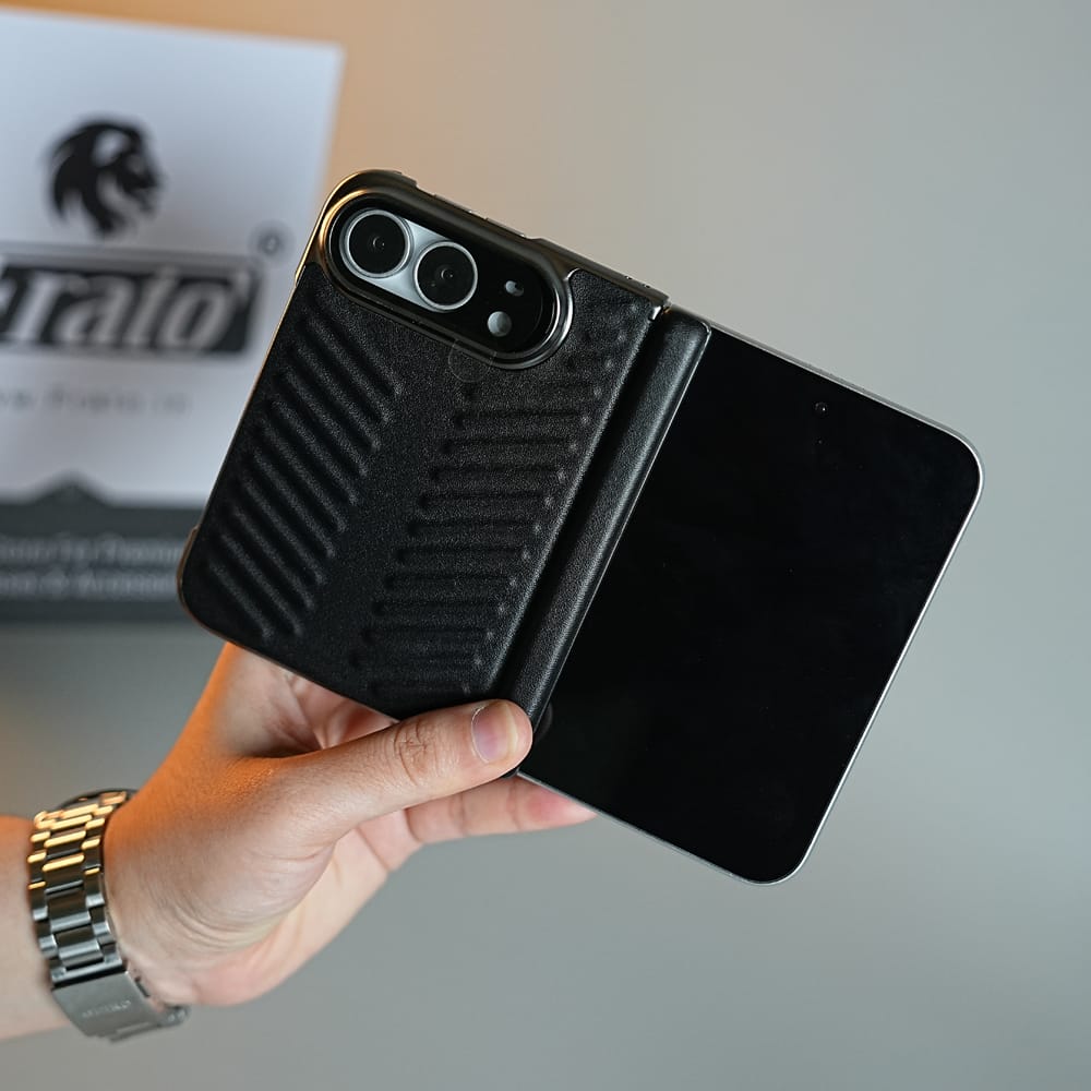 FRATO iPhone Fold Chevron Ribbed Leather-Texture Case for iPhone Duo with Camera Glass &amp; Hinge Protection