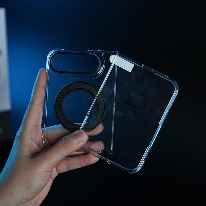 FRATO iPhone Fold Crystal Clear Case for iPhone Duo | 360° Rotating Metal Stand | Front Glass | Metal Camera Ring